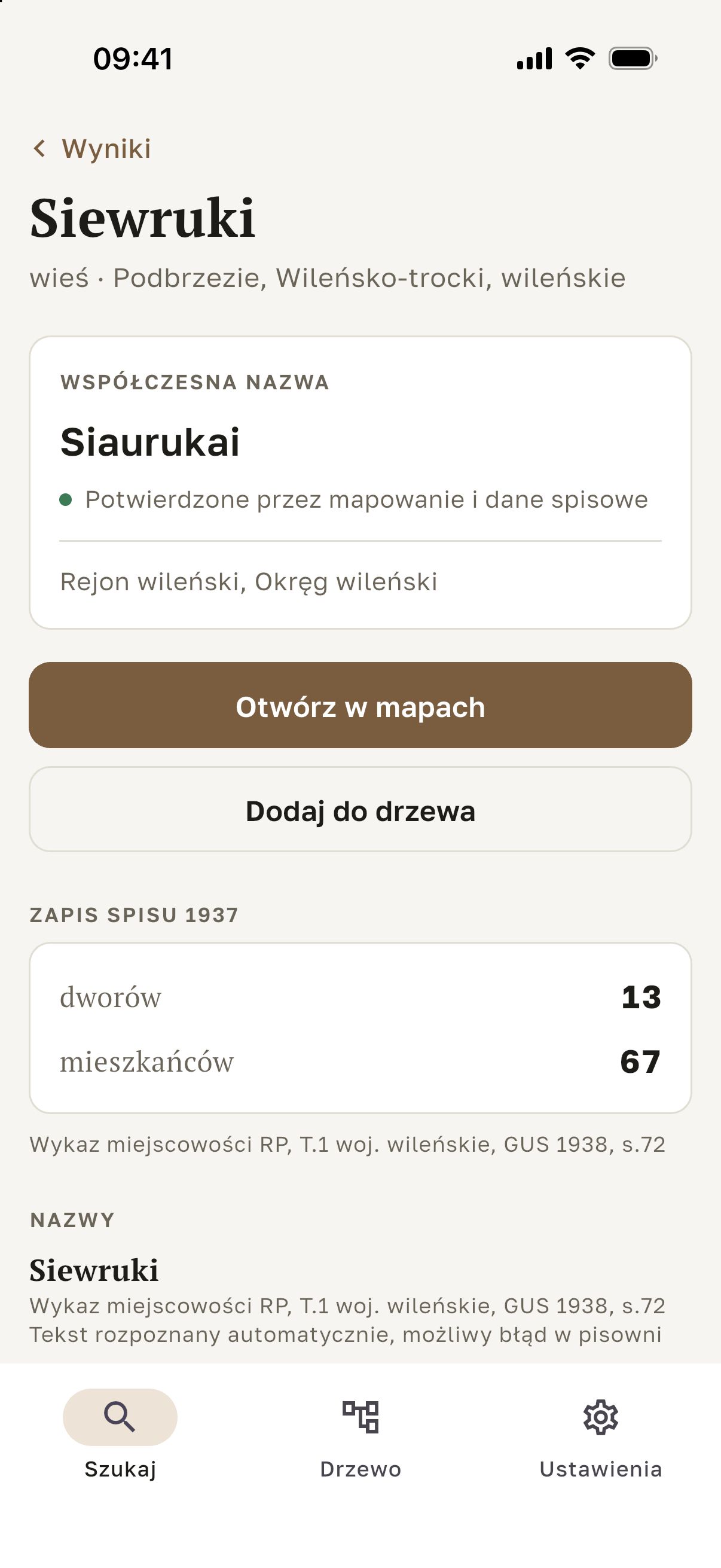 Ekran aplikacji Kresopis: karta miejscowości Siewruki z dzisiejszą nazwą Siaurukai, przyciskami „Otwórz w mapach” i „Dodaj do drzewa” oraz zapisem ze spisu 1921.